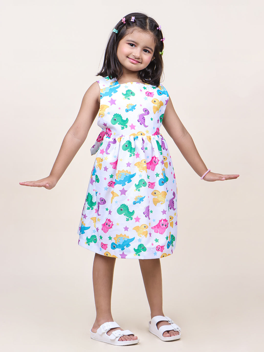 Girls White Animal Printed Cotton Dress