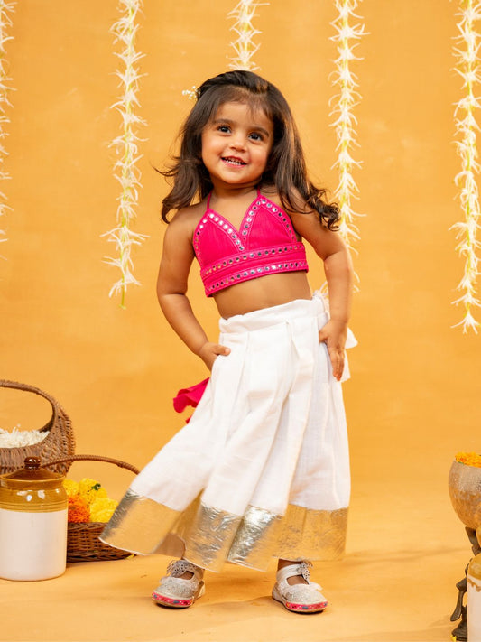 Jilmil Girls Mirror emblished Rani Pink top with White cotton Lehenga (set of 2)