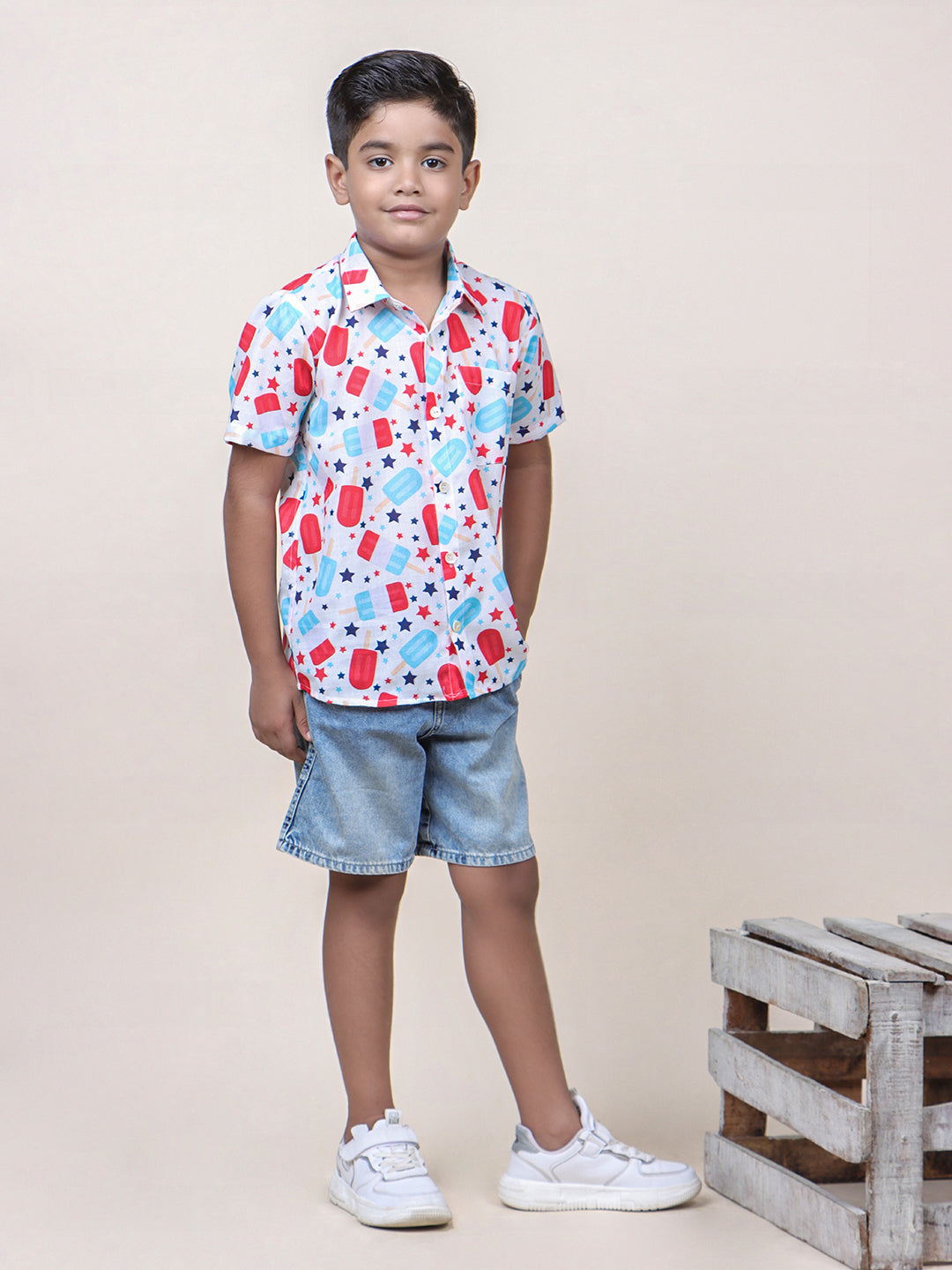 Boys White Candy Printed Cotton Shirt