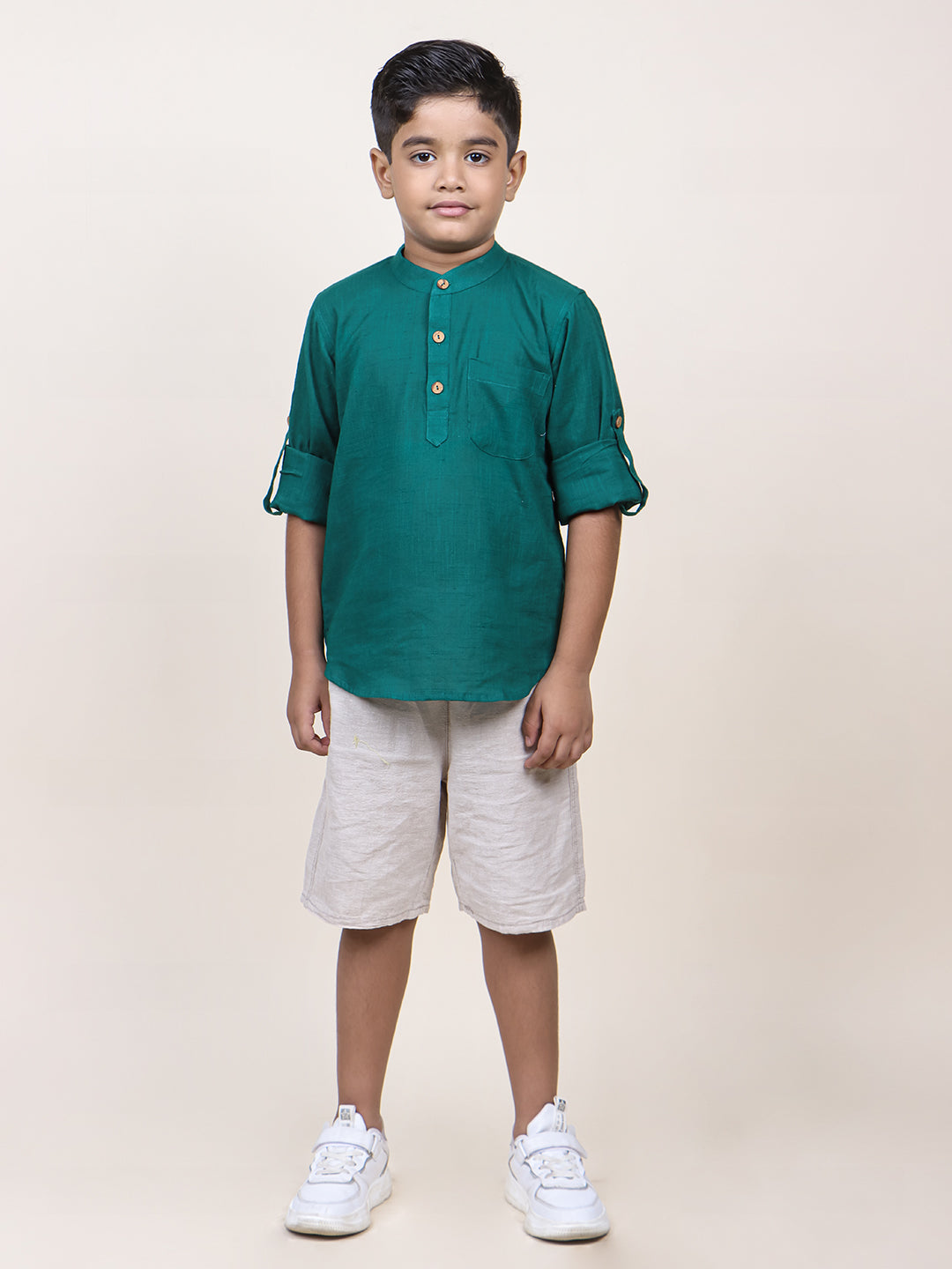 Boys Green Rolled Up Cotton Shirt
