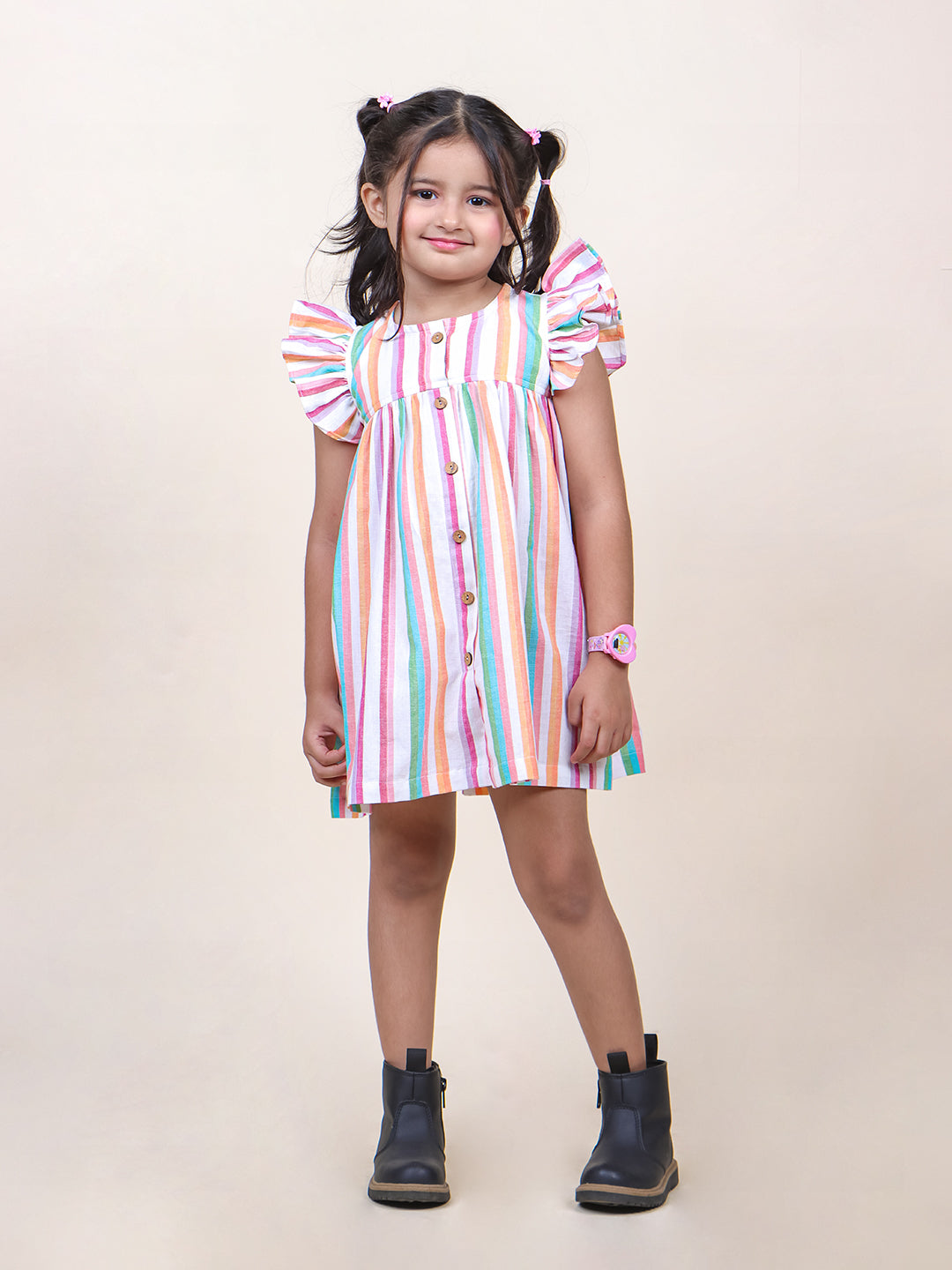 Girls Multicolor Stripes Cotton Mini dress