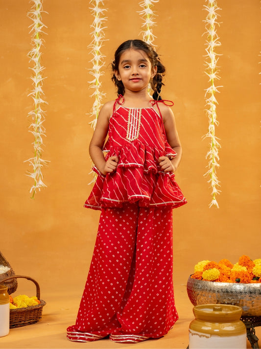 Red Bandhni and Leheriya Printed Tie-Up Straps Peplum Top and Flared Palazzo (Set of 2)