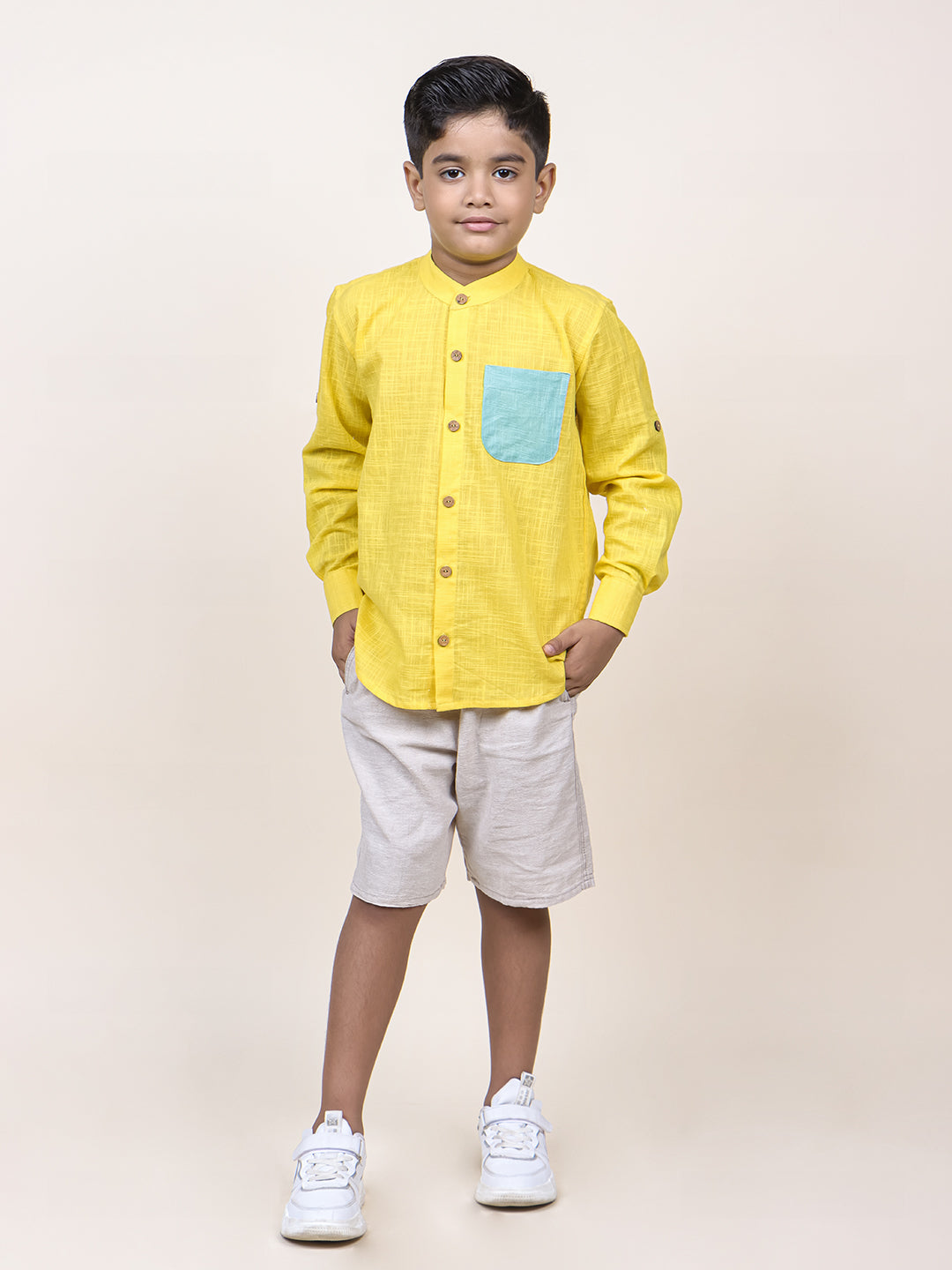 Boys Yellow Colorblocked Rolled up Cotton Shirt
