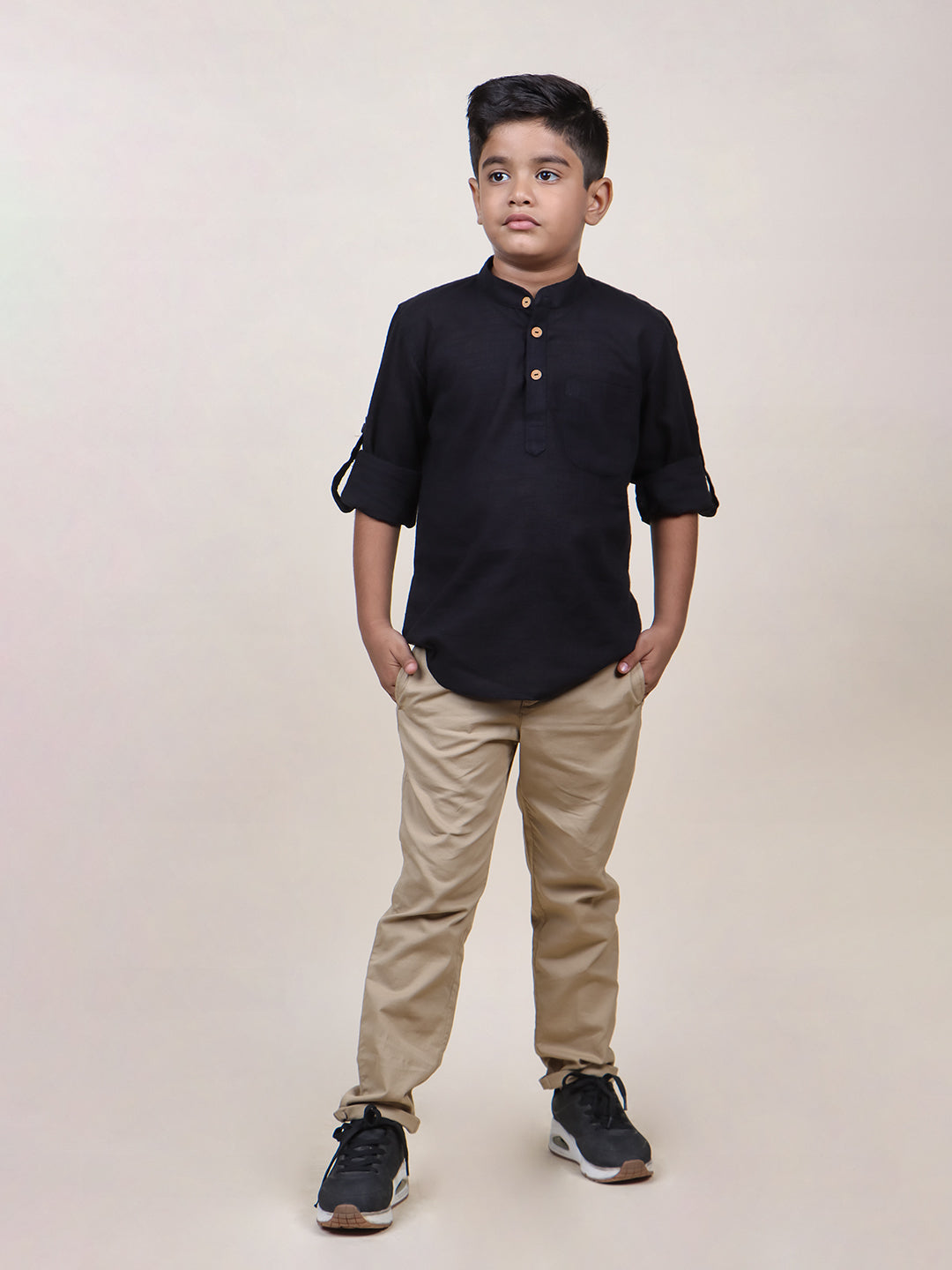 Boys Black Rolled Up Cotton Shirt