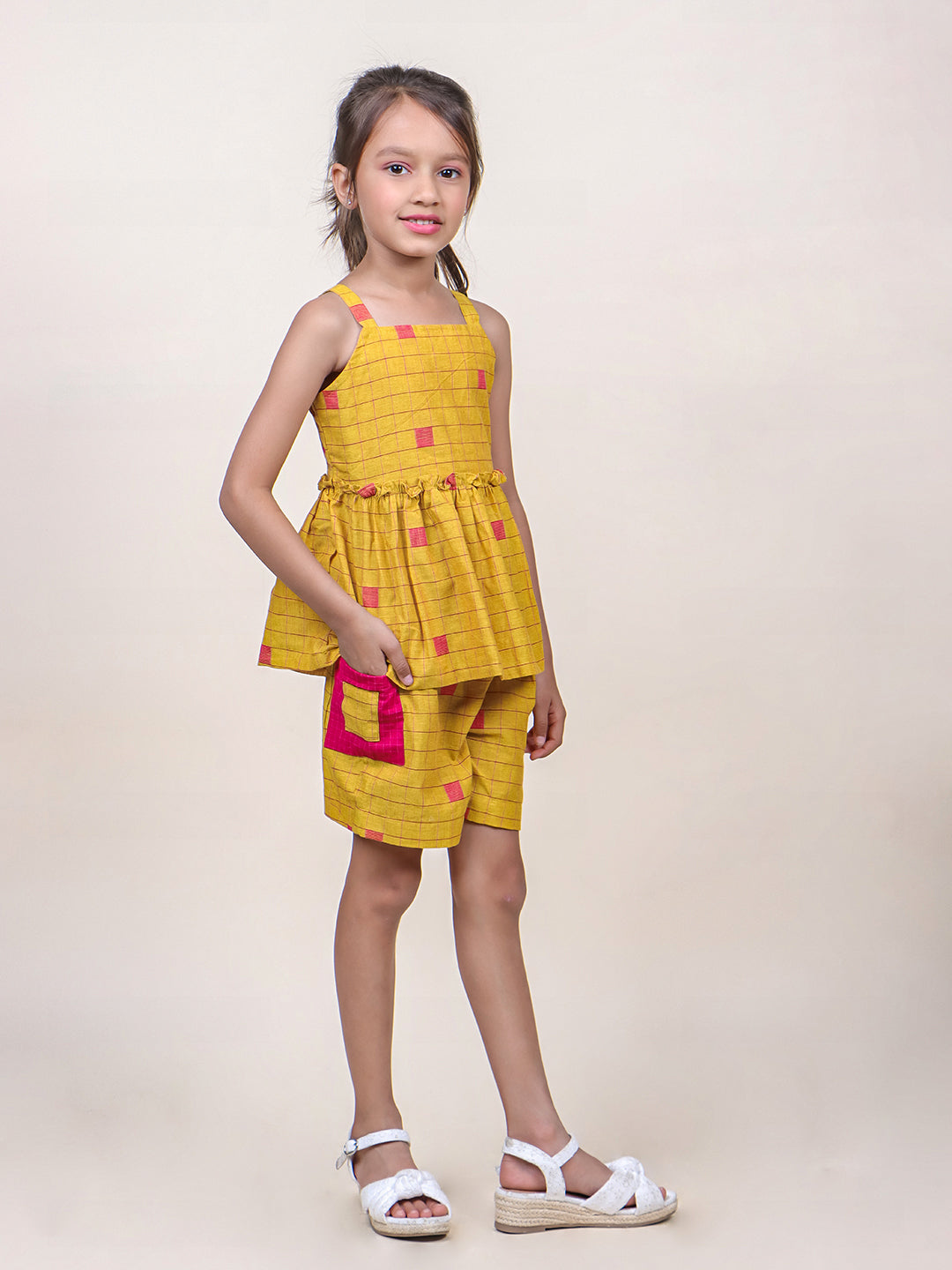 Girls Mustard Checks Cotton Top & Shorts