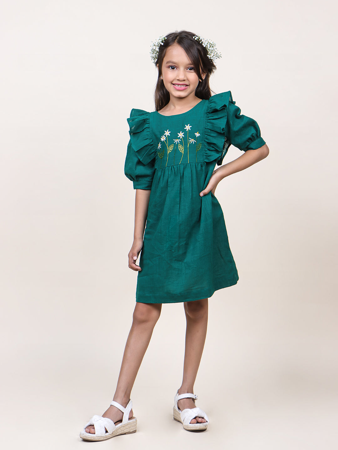 Girls Green Embroidred Cotton dress