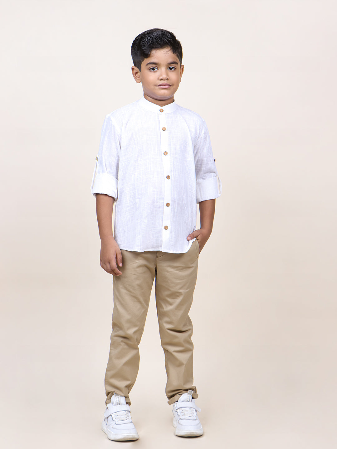 Boys White Rolled Up Cotton Shirt
