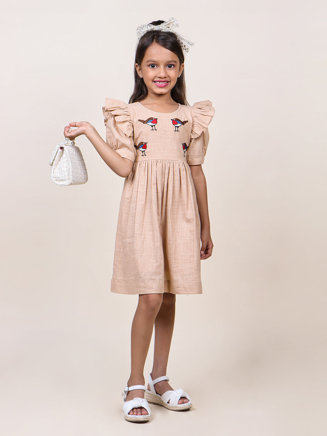 Girls Beige Embroidred Cotton dress