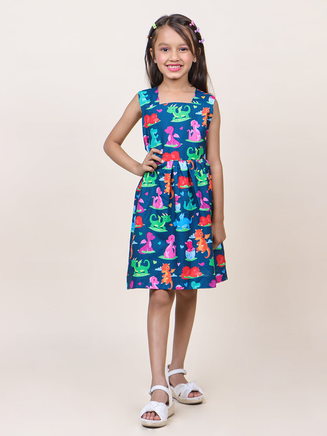 Girls Navy Blue Animal Printed Cotton Dress
