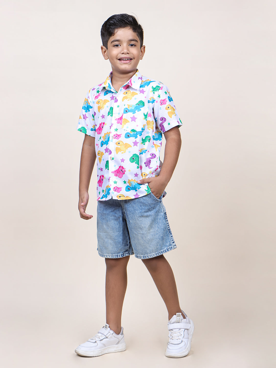 Boys White Dinosaur Printed Cotton Shirt