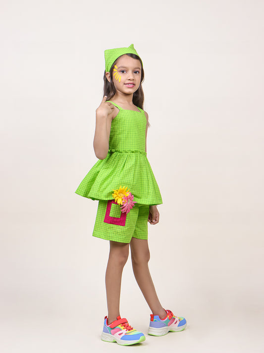 Girls Green Checks Cotton top & Shorts