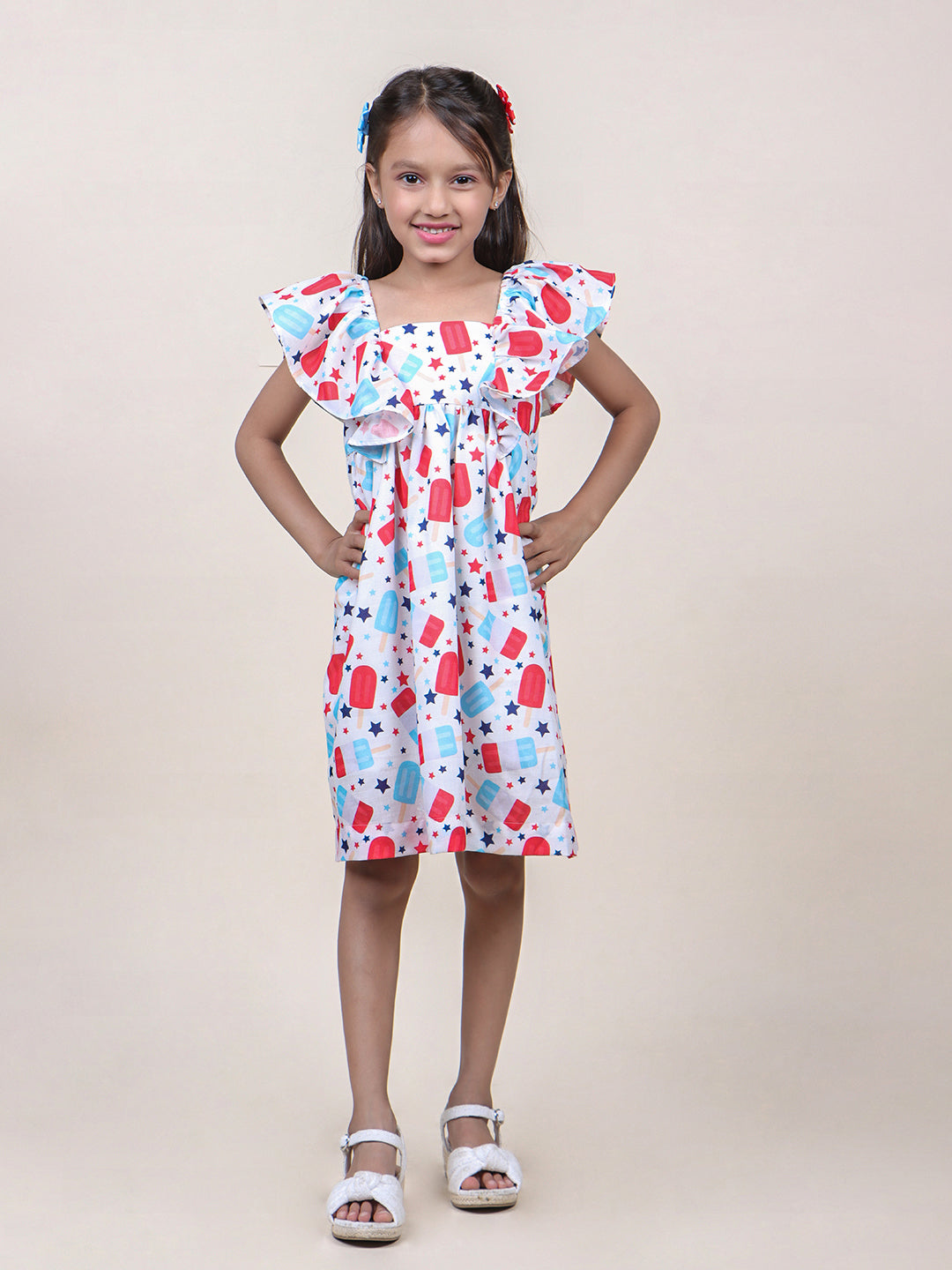 Girls Candy Printed White Cotton Dress