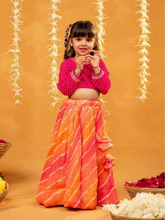 Pink Laheriya Printed Georgette Top with Georgette Crushed Multicoloured Lehenga (Set of 2)