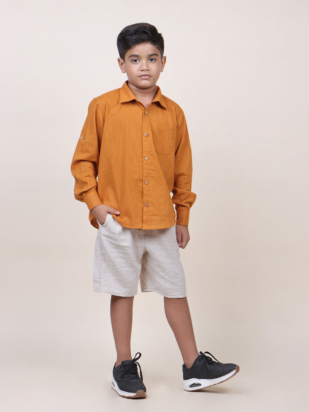 Boys Ochre Rolled Up Cotton Shirt