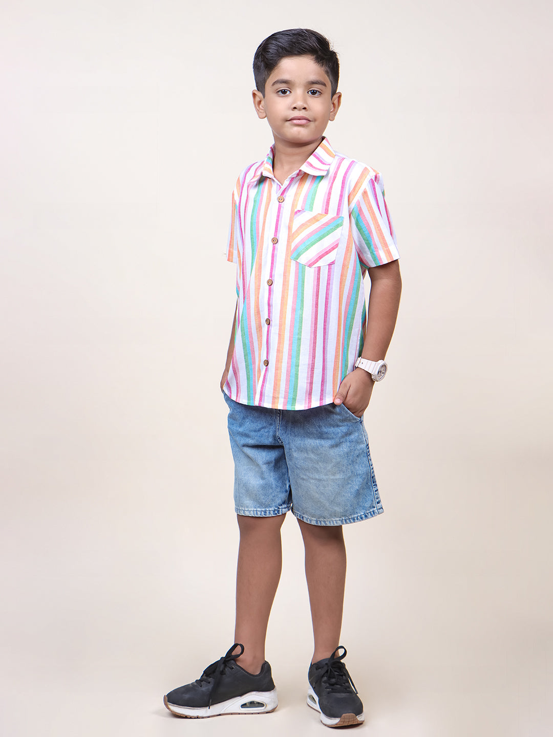 Boys Pink Stripes Half Sleeve Cotton Shirt