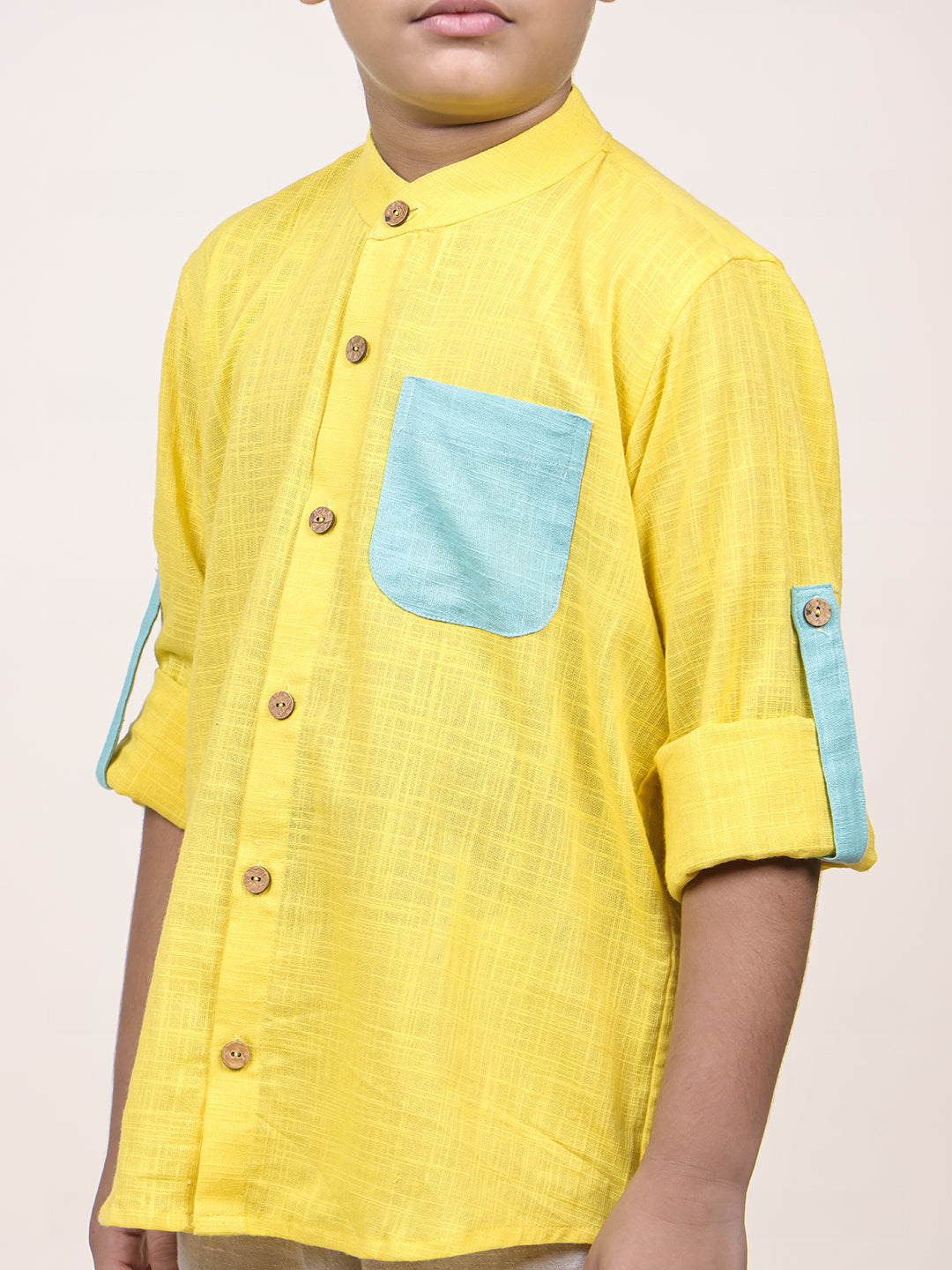 Boys Yellow Colorblocked Rolled up Cotton Shirt