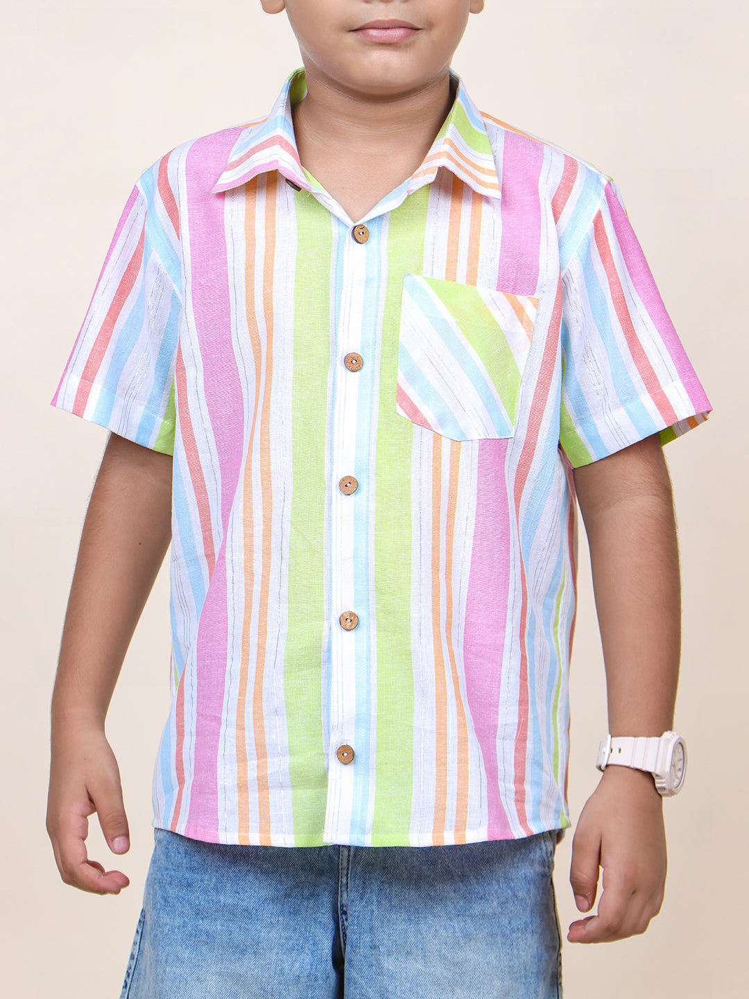 Boys Neon Stripes Half Sleeve Cotton Shirt