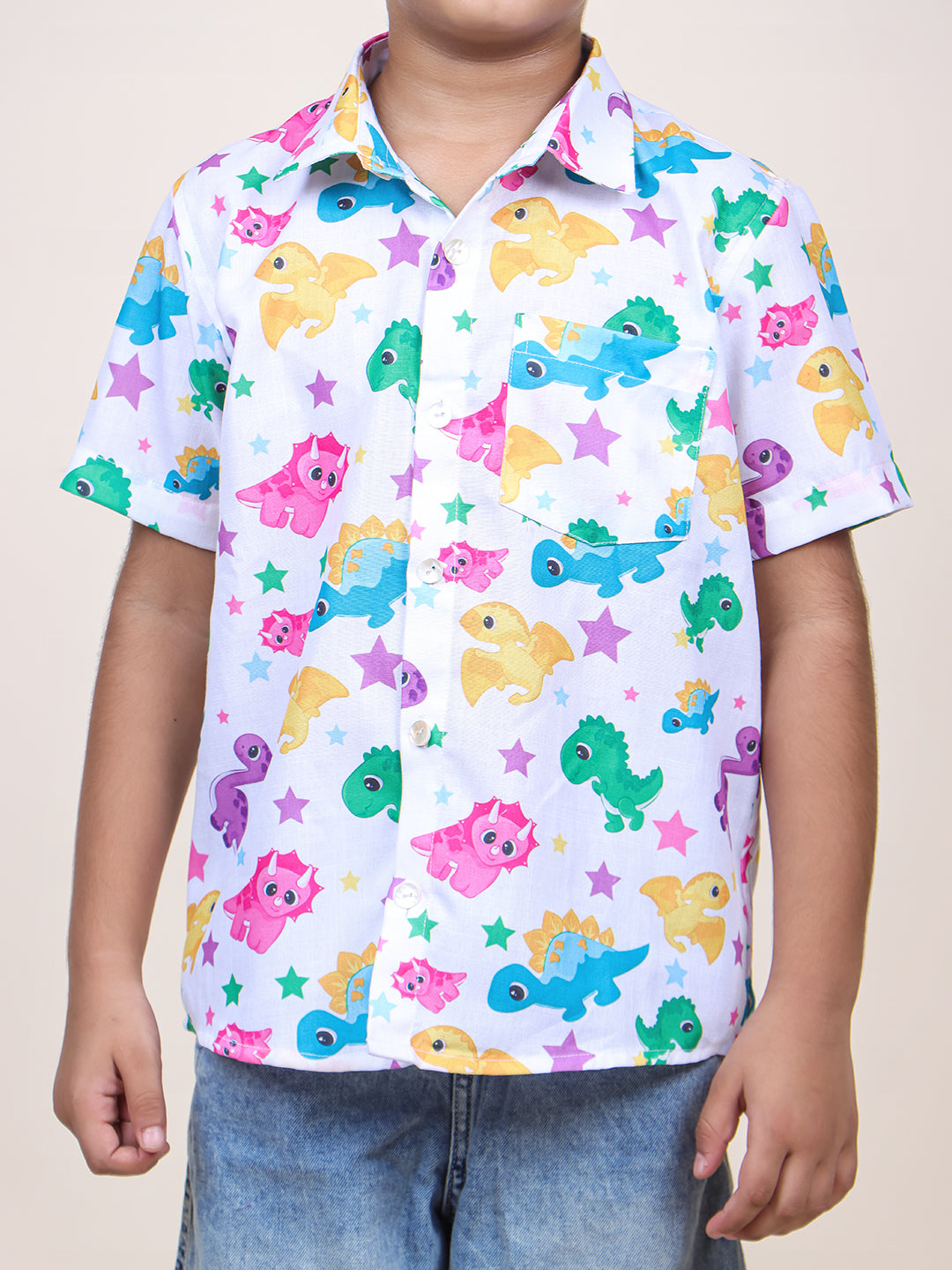 Boys White Dinosaur Printed Cotton Shirt