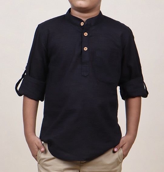 Boys Black Rolled Up Cotton Shirt