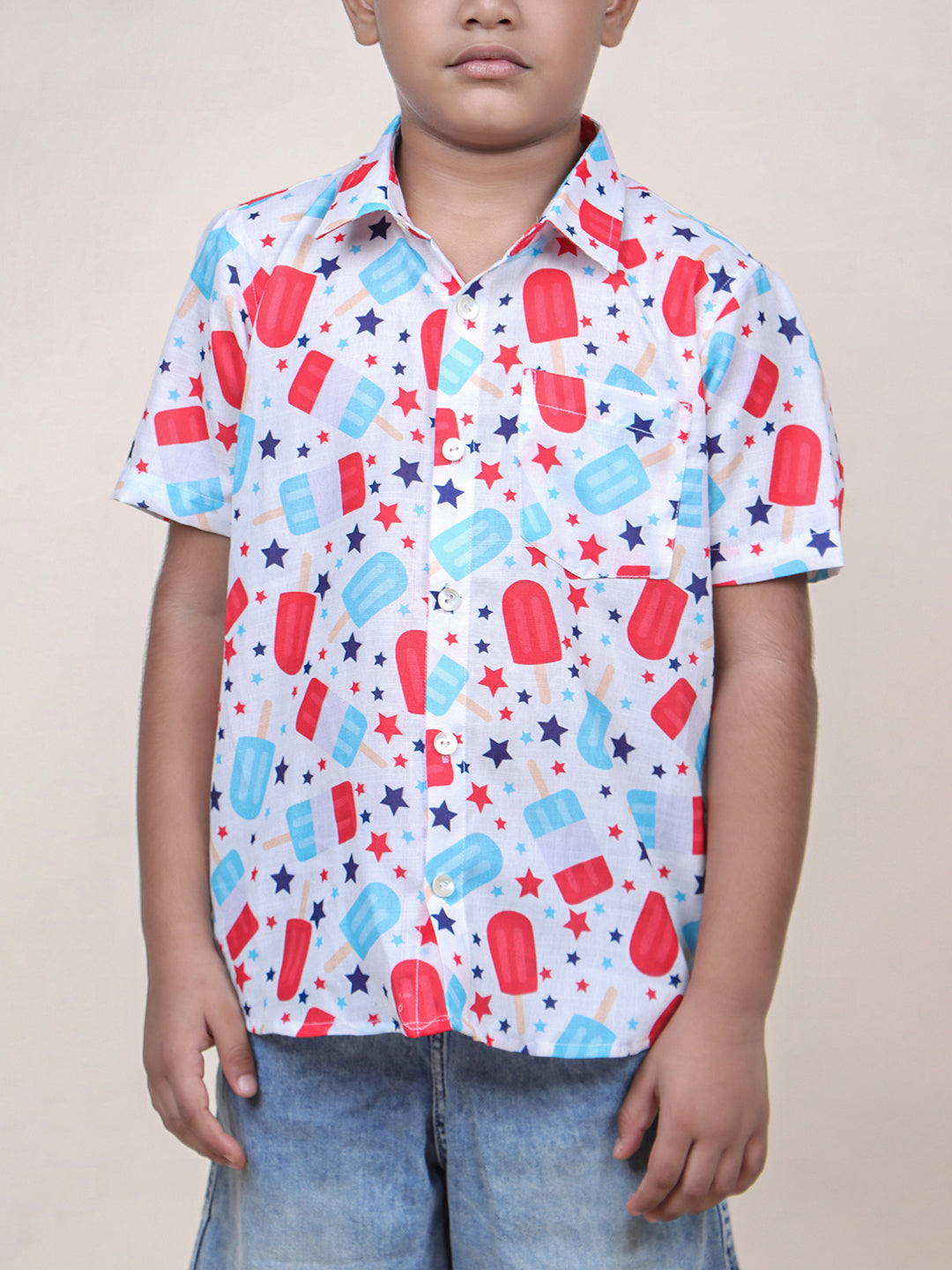 Boys White Candy Printed Cotton Shirt