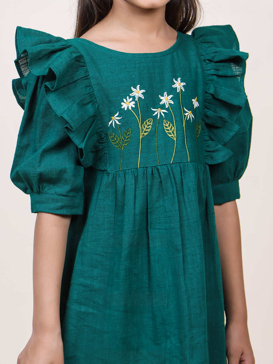 Girls Green Embroidred Cotton dress