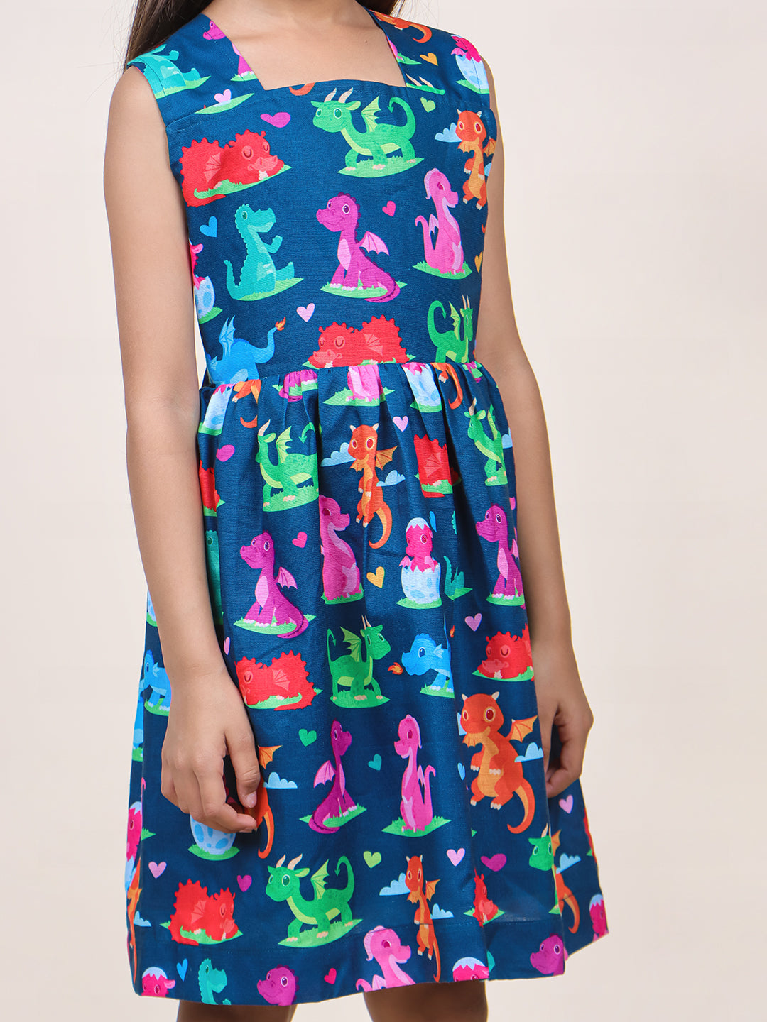 Girls Navy Blue Animal Printed Cotton Dress