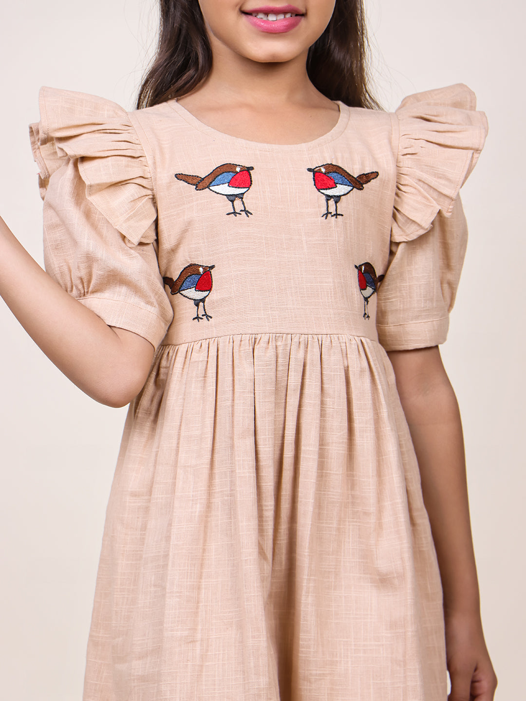 Girls Beige Embroidred Cotton dress