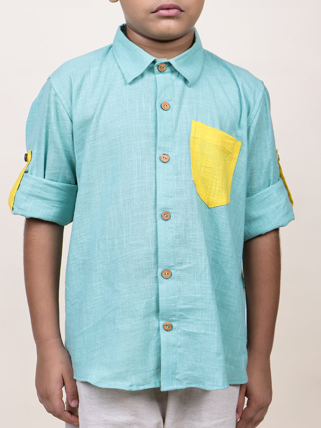 Boys Blue Colorblocked rolled up Cotton Shirt