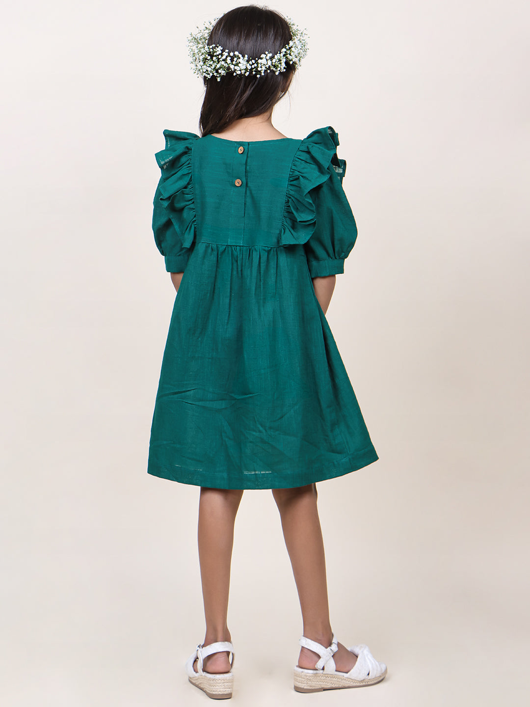 Girls Green Embroidred Cotton dress