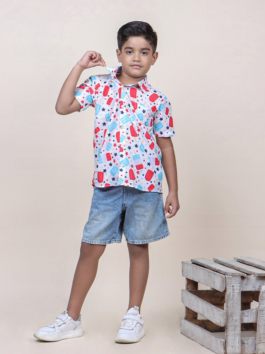 Boys White Candy Printed Cotton Shirt