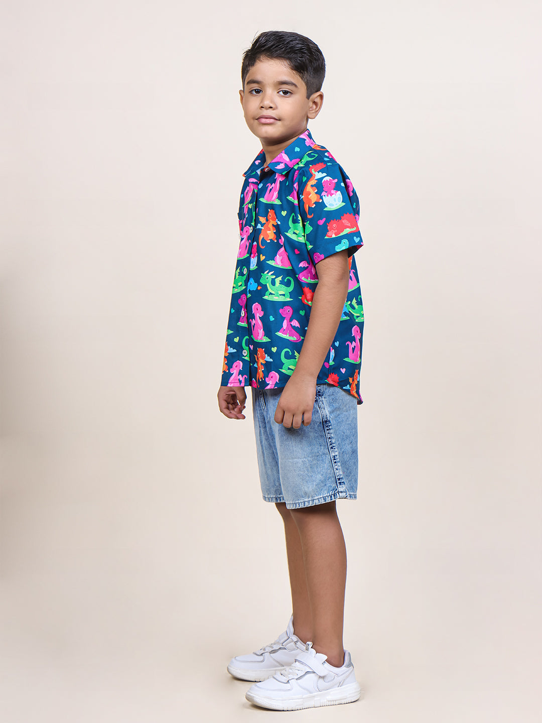 Boys Navy Blue Dinosaur Printed Cotton Shirt