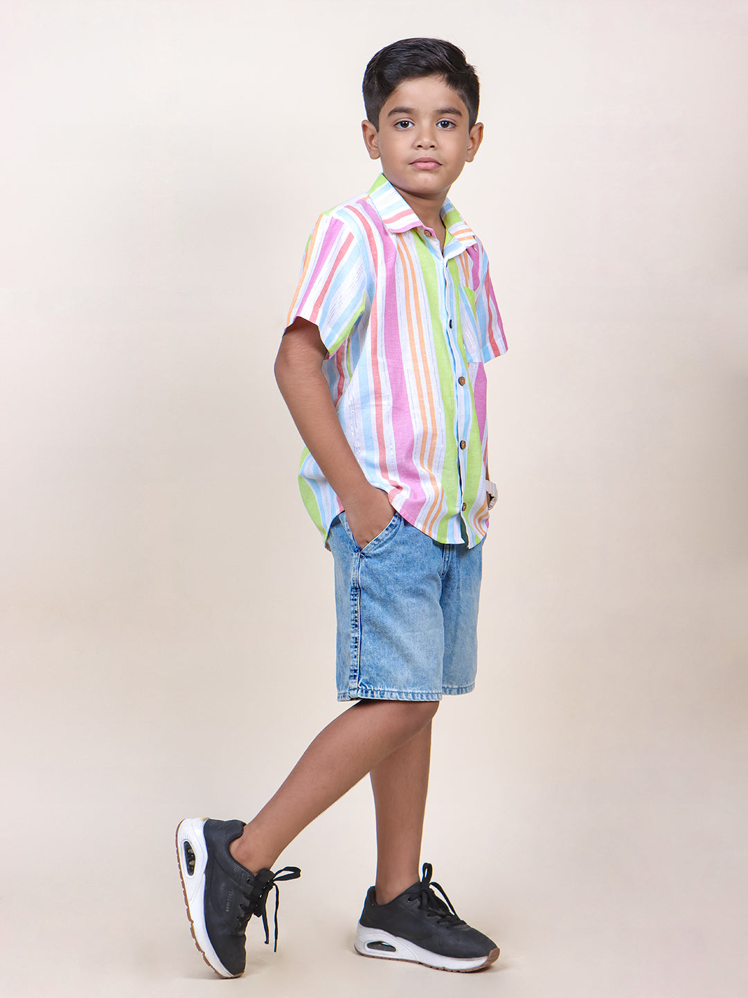 Boys Neon Stripes Half Sleeve Cotton Shirt