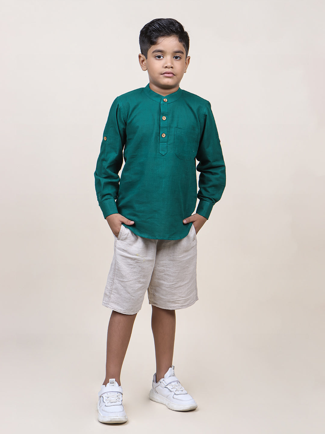 Boys Green Rolled Up Cotton Shirt