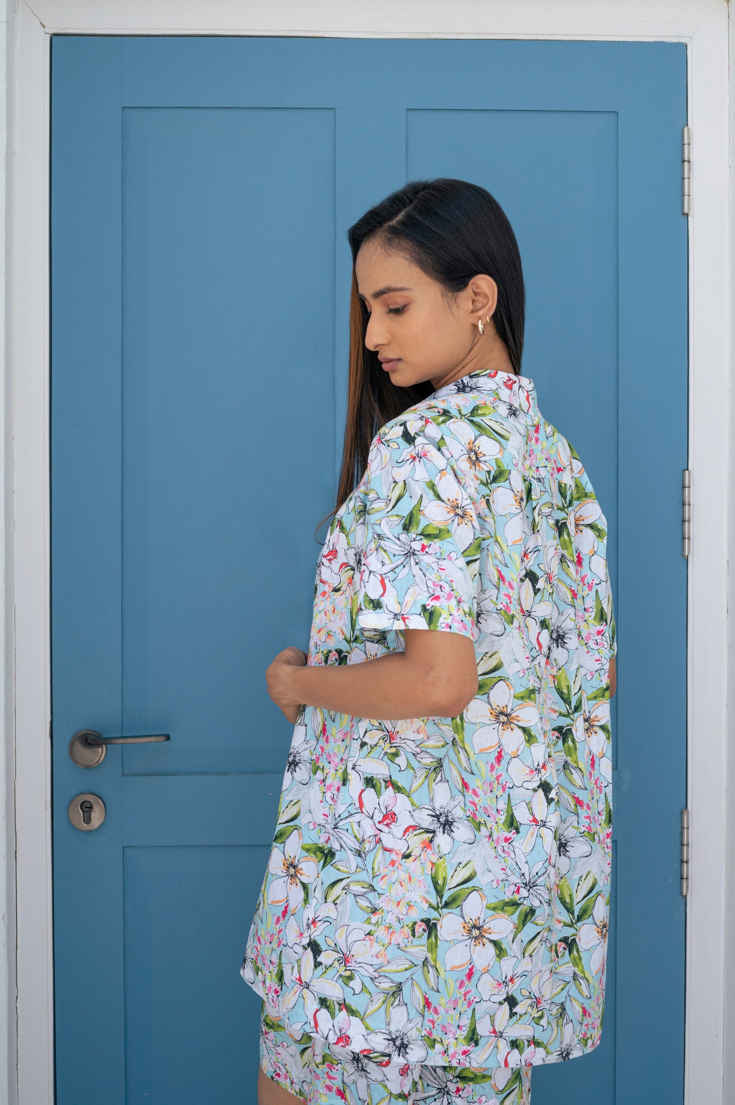 Cadet Blue Printed Shirt & Shorts