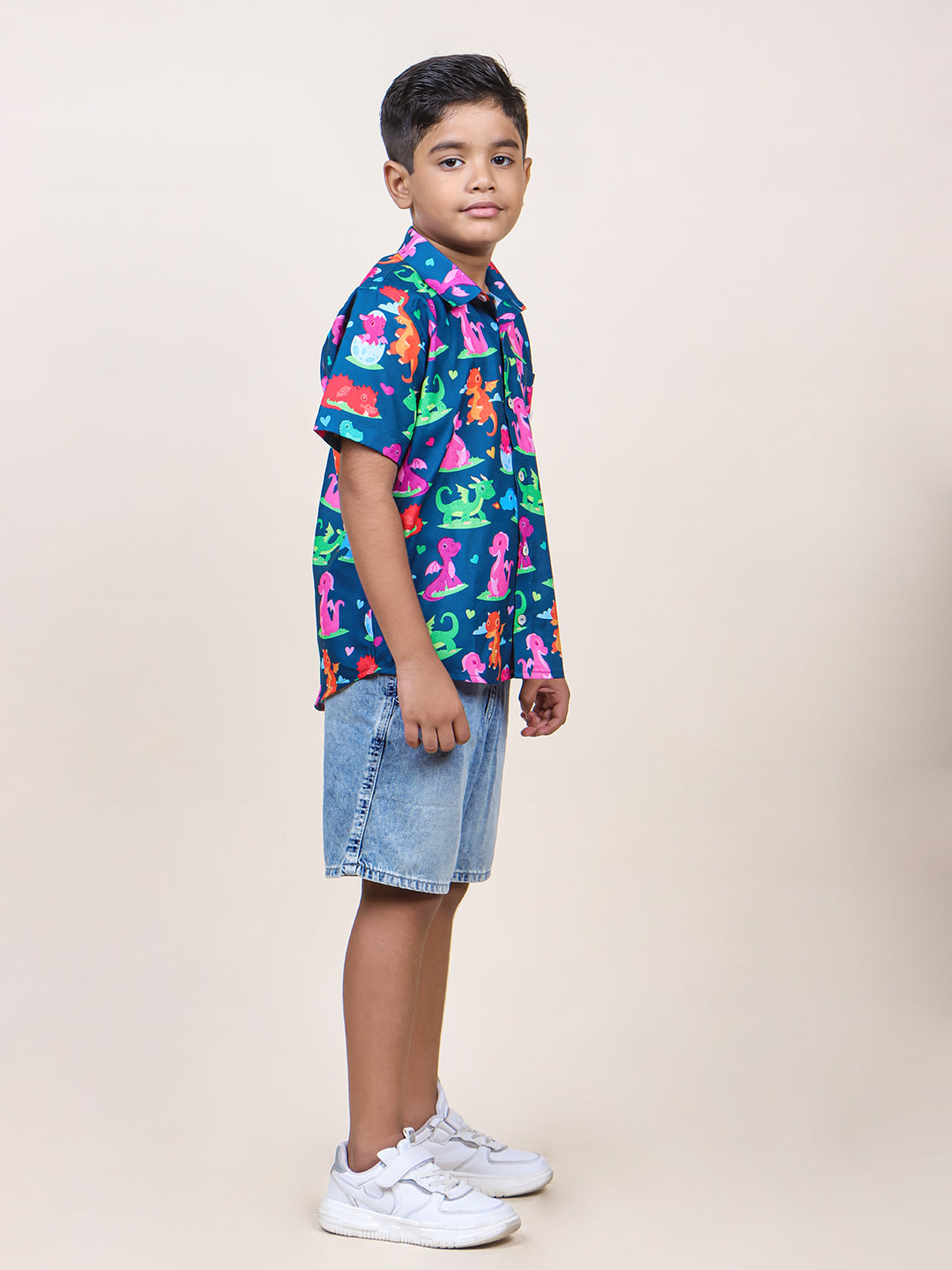 Boys Navy Blue Dinosaur Printed Cotton Shirt