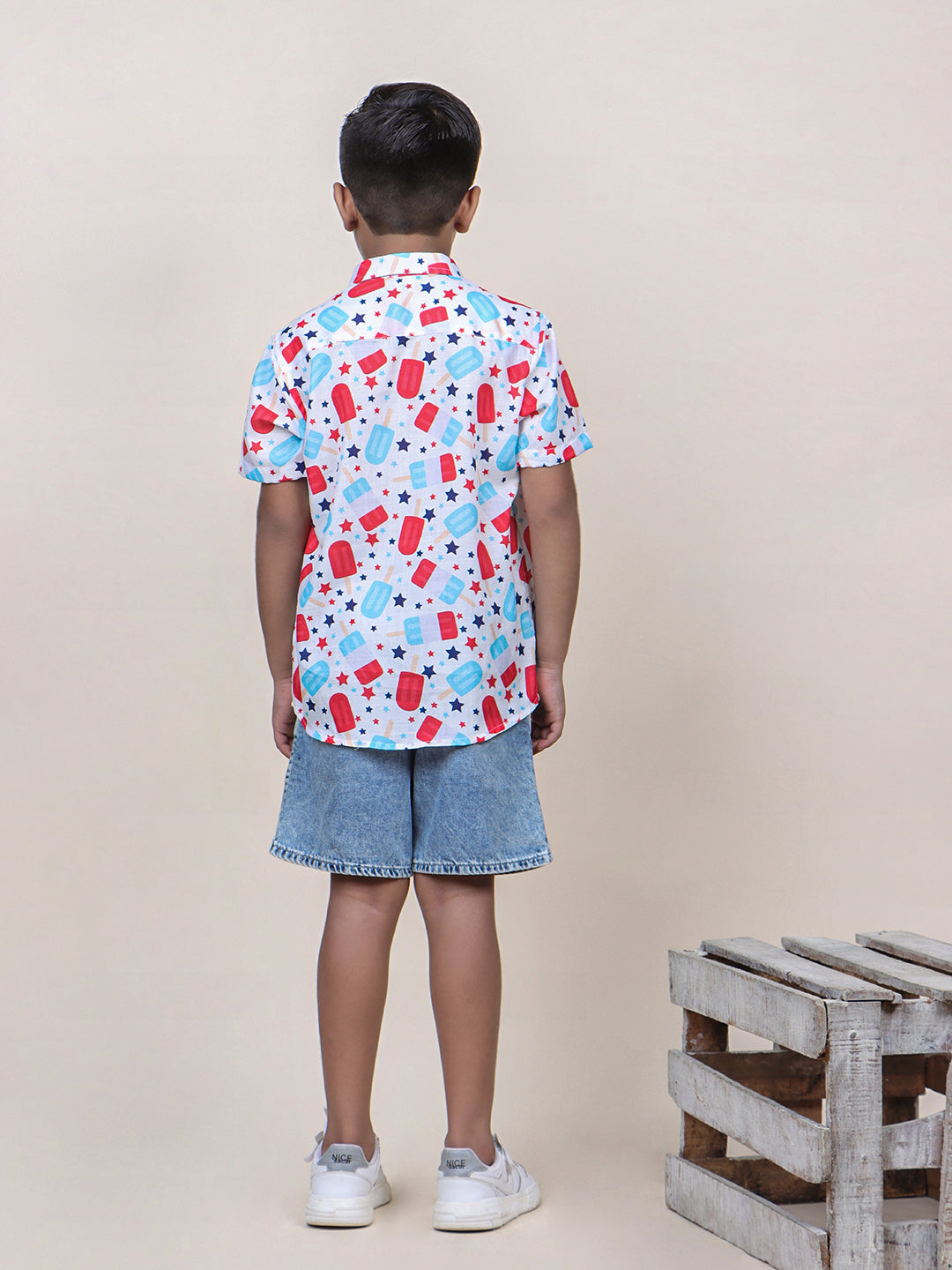 Boys White Candy Printed Cotton Shirt