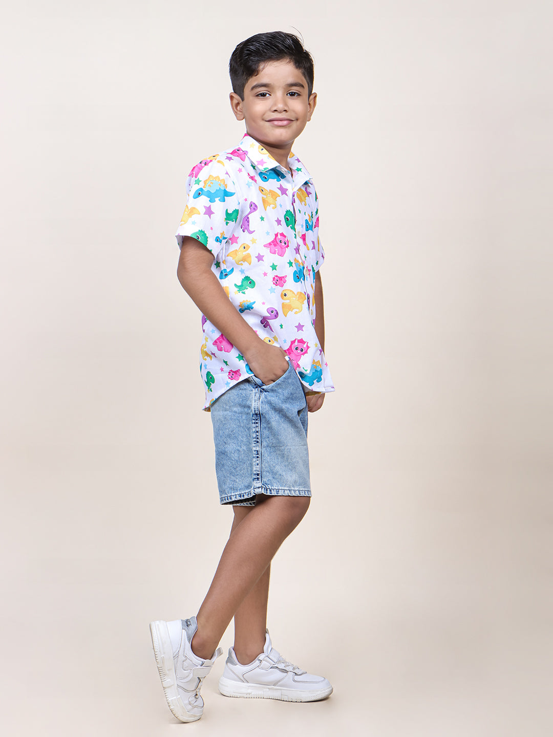 Boys White Dinosaur Printed Cotton Shirt