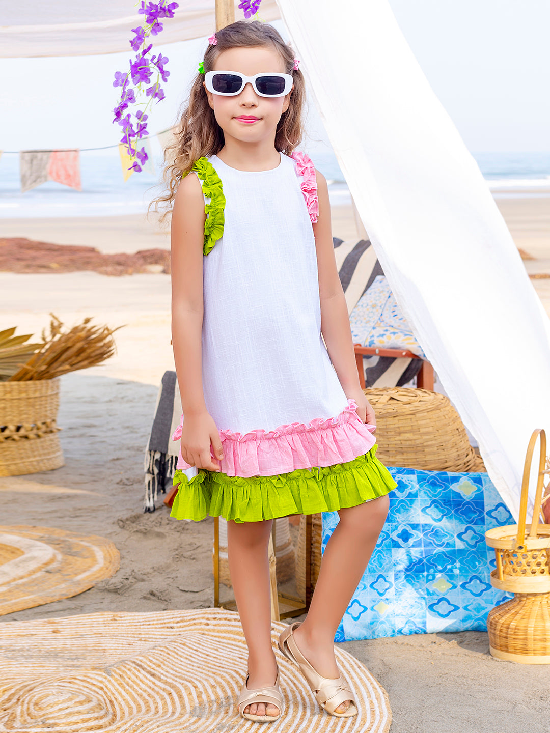 Girls Green and Pink Frilled White Cotton Dress - Main Image