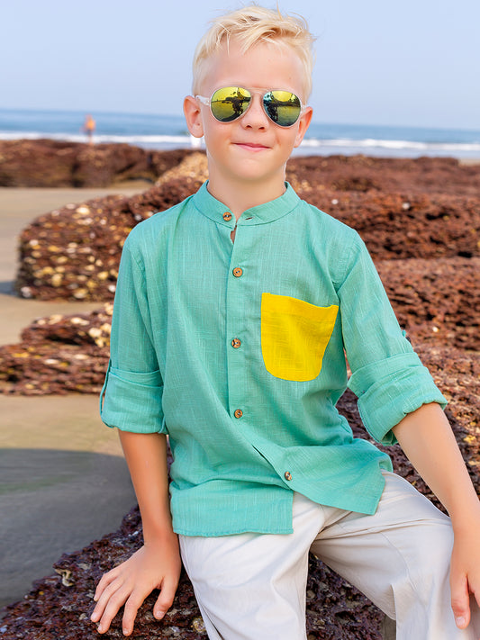 Boys Blue Colourblocked rolled up Cotton Shirt