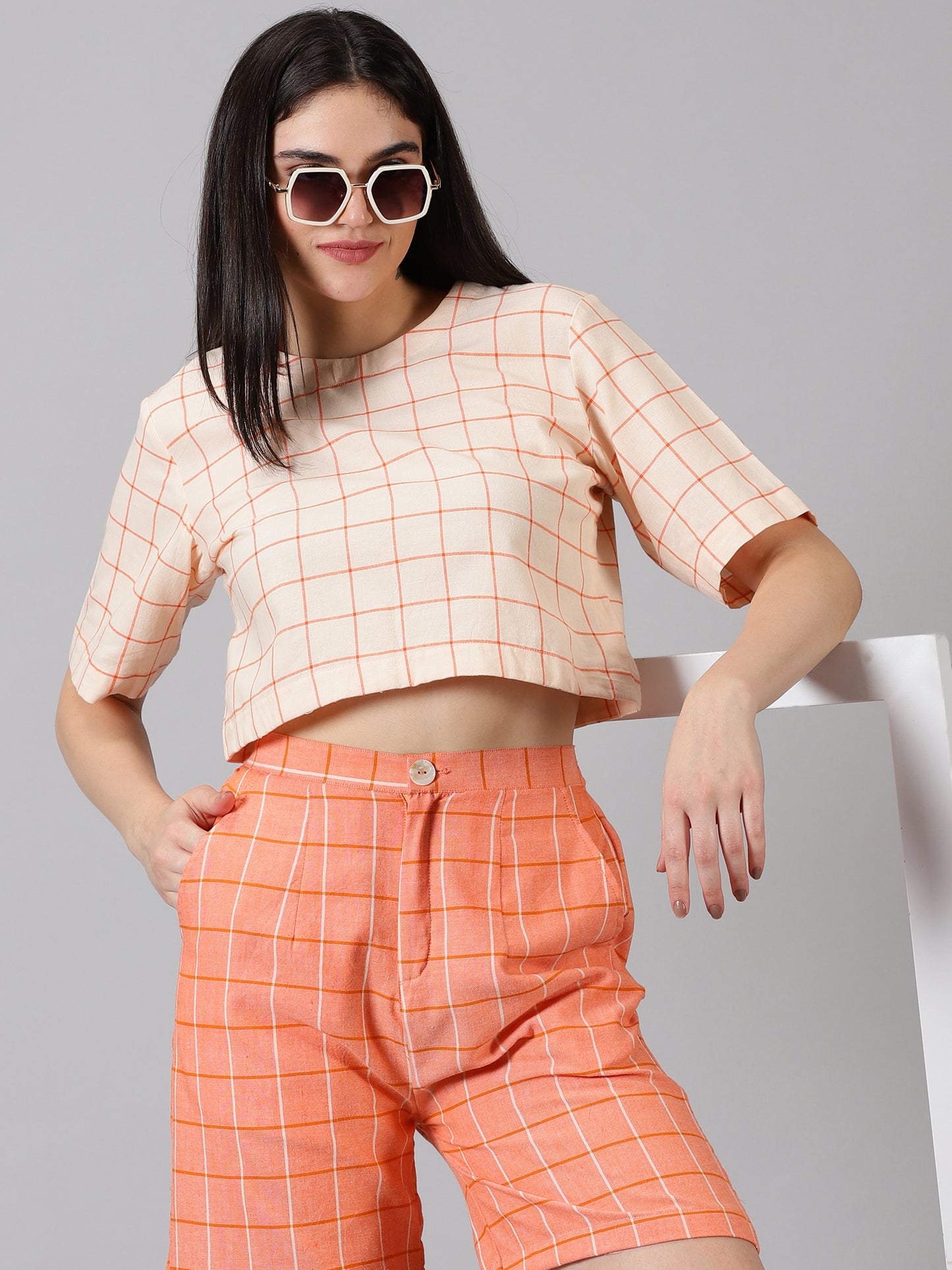 Peach Checks Cotton Crop Top & Shorts