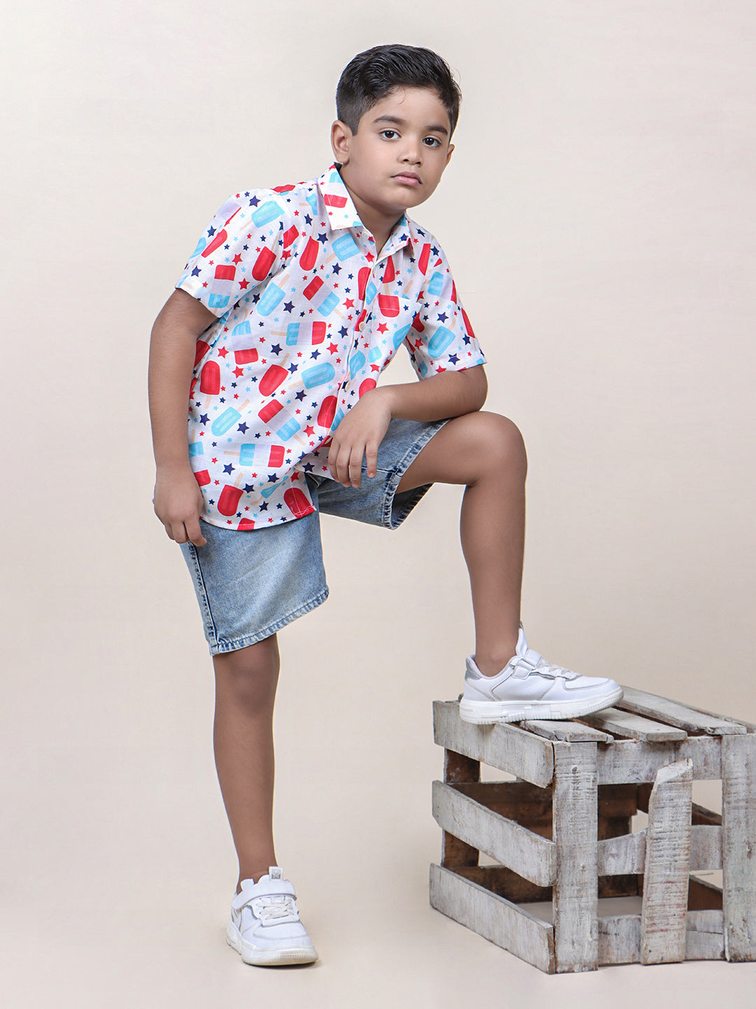 Boys White Candy Printed Cotton Shirt