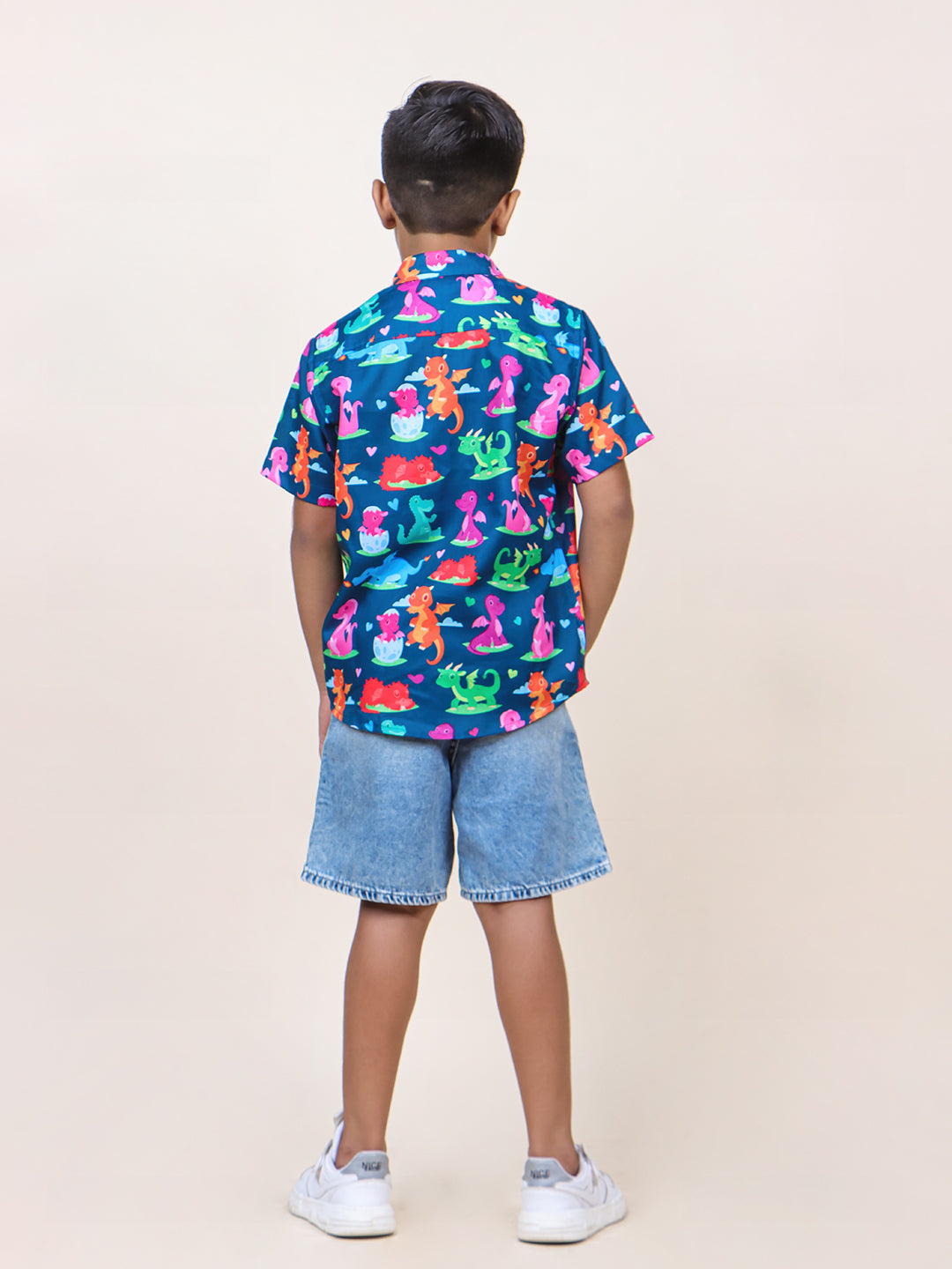 Boys Navy Blue Dinosaur Printed Cotton Shirt