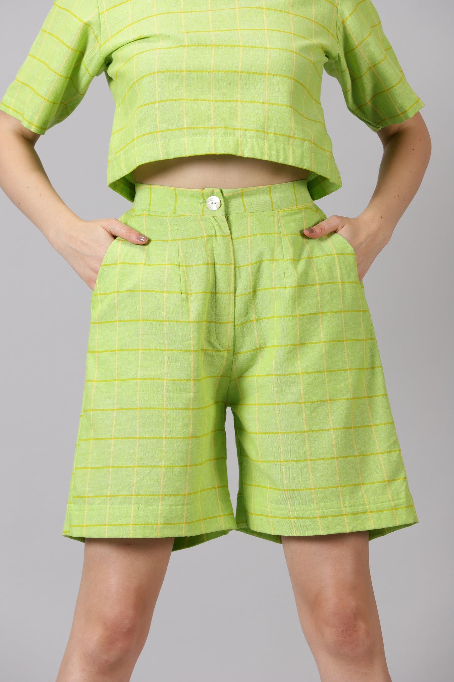 Lime Checks Cotton Crop Top & Shorts
