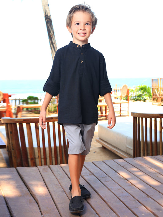 Boys Black Rolled Up Cotton Shirt
