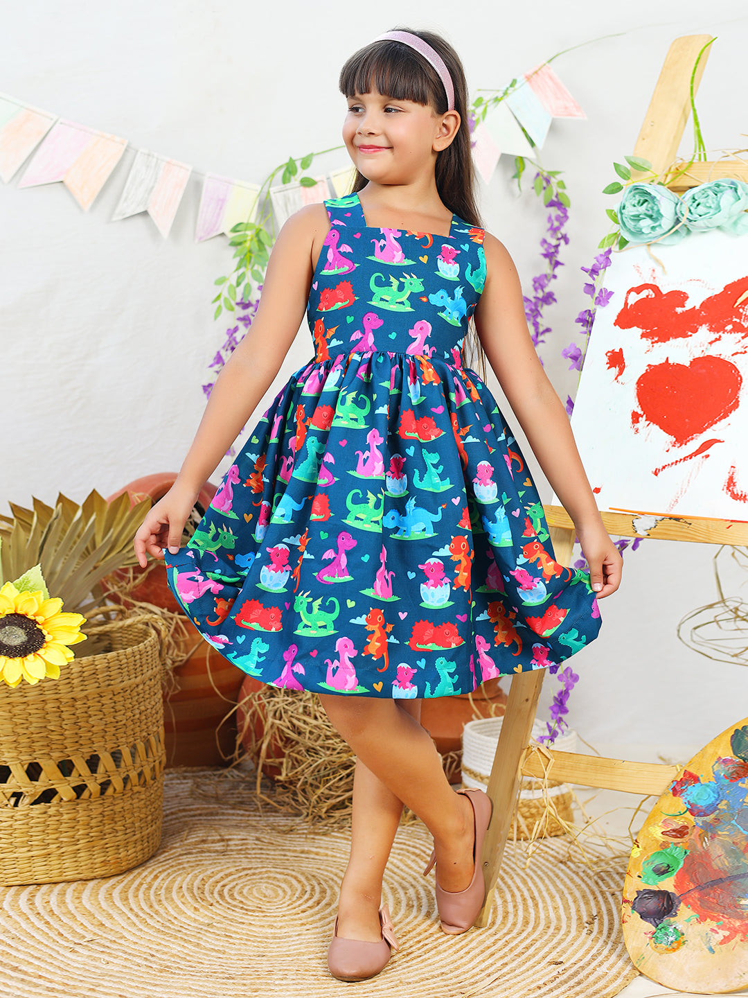 Girls Navy Blue Dinosaur Printed Dress
