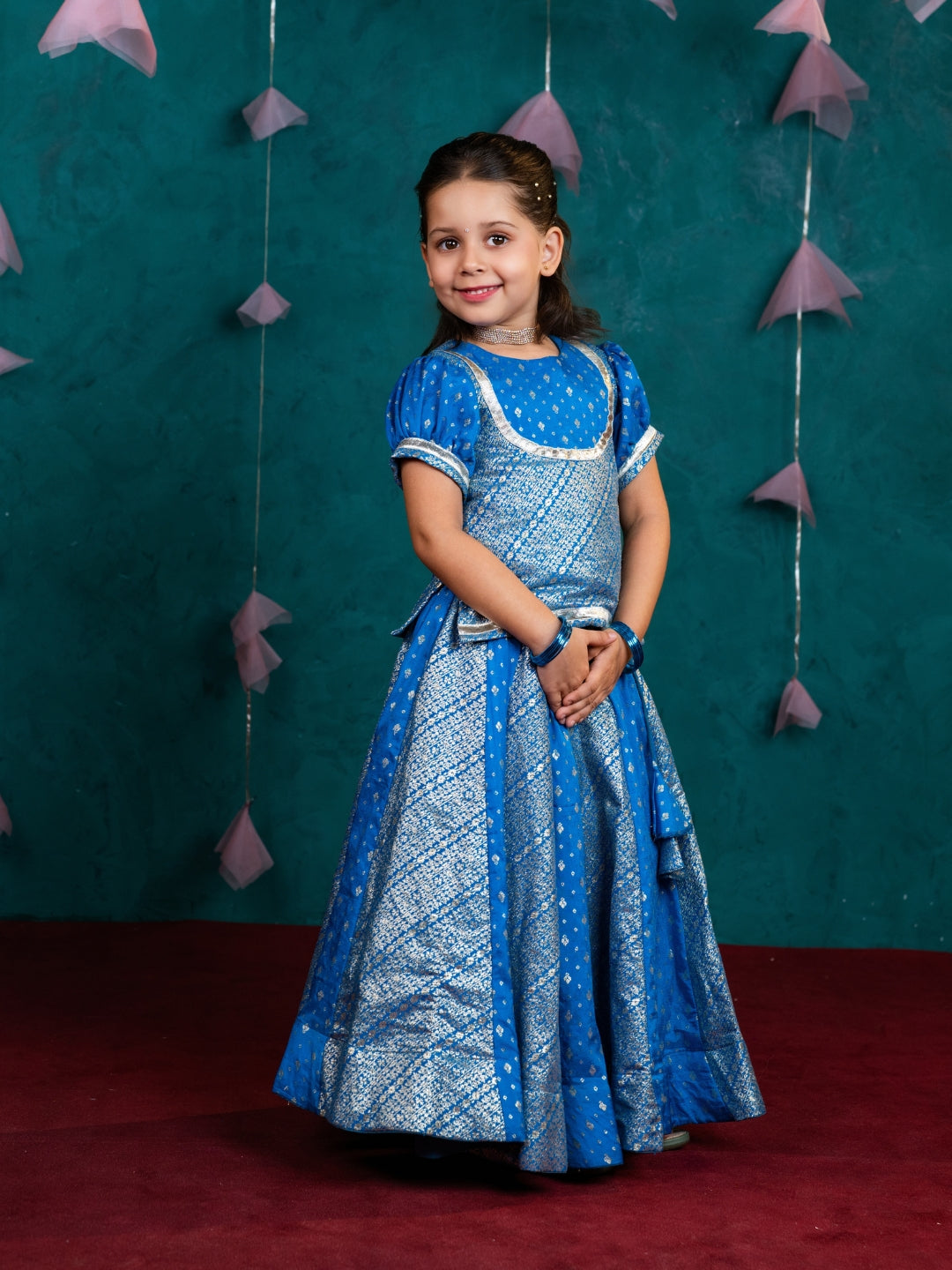 Blue Short Sleeve Top with Lehenga (Set of 2)
