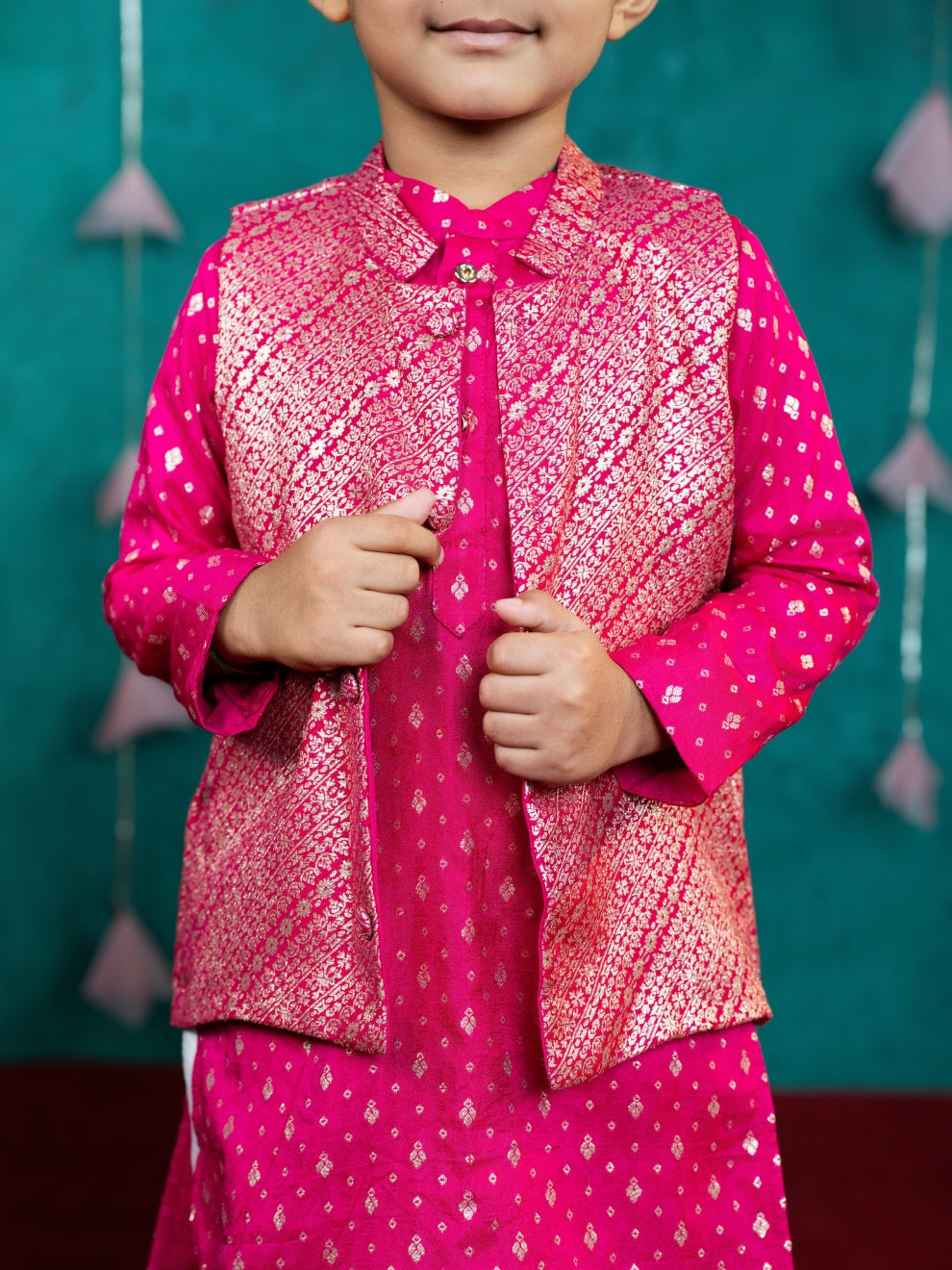 Boy's Pink Kurta Set with Jacket (Set of 3)