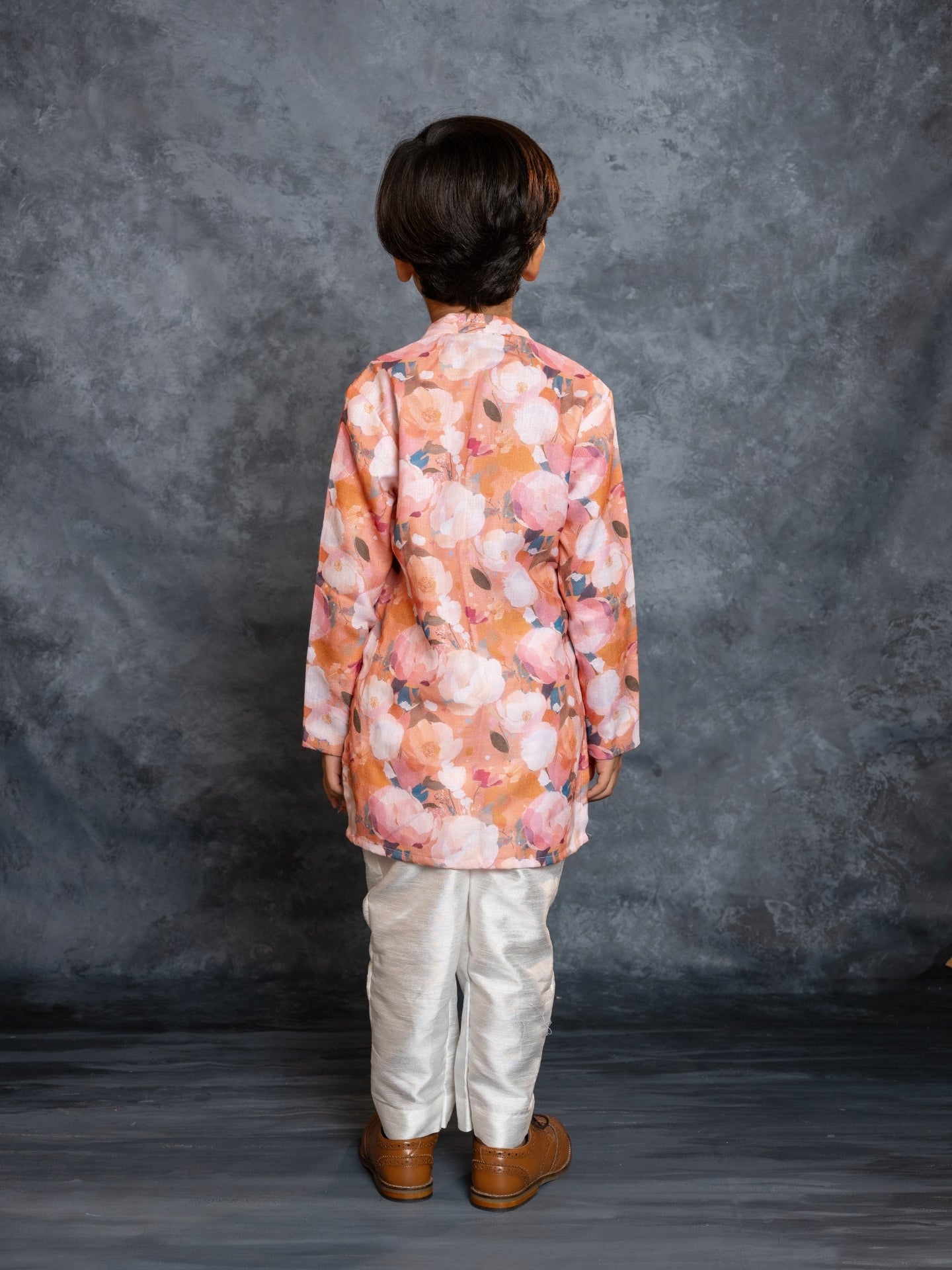 Boys Cotton Linen Digital Printed Rust Kurta with Pant (Set of 2)