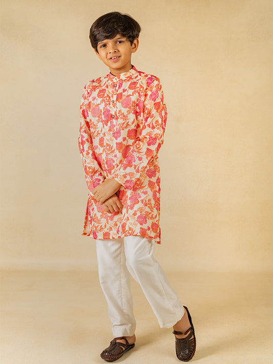 Boys Digital Floral Print Ethnic Kurta with White Pant (Set of 2)