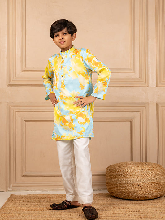Boys Digital Printed Modal Satin Kurta With White Pant (Set of 2)